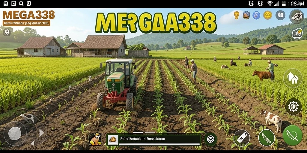 Screenshot MEGA338 menampilkan gameplay pertanian yang penuh warna dan interaktif.
