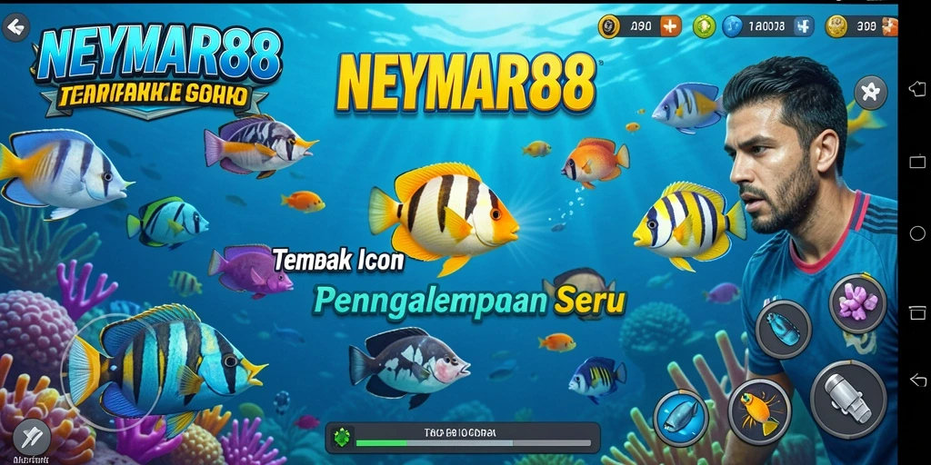 Screenshot gameplay NEYMAR88 menampilkan aksi seru dan ikan berwarna-warni.