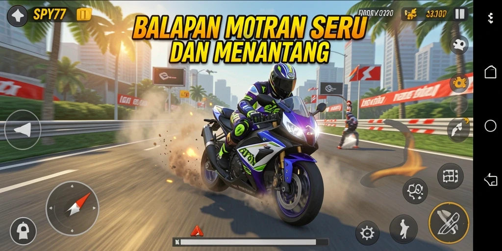 Screenshot gameplay SPY77 menampilkan balapan motor yang seru.