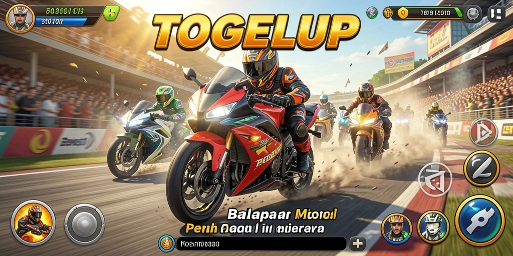 Screenshot TOGELUP menampilkan aksi balapan motor yang intens dan mendebarkan.