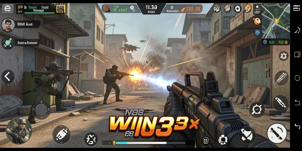 Screenshot gameplay WIN33 menampilkan pertempuran seru di arena TPS.