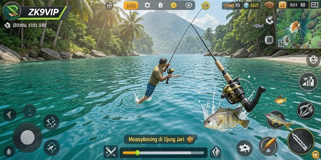 Tampilan gameplay ZK9VIP menunjukkan aksi memancing yang seru dan mendebarkan.